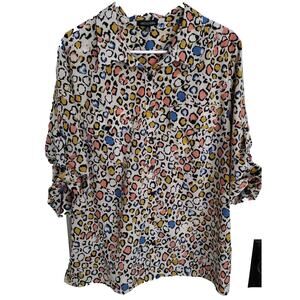 Vtg 80s 90s Notations top bright leopard popover collared XL